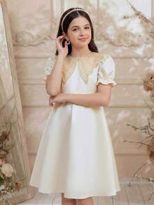 SHEIN 少女珍珠领饰花边短袖连衣裙 - 香檳色 - 查看 4