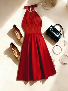 Franclia 女士酒红色褶皱腰部吊带连衣裙，春夏款 - 酒紅色 - 查看 2