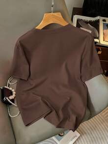 EMERY ROSE Camiseta de mujer de cuello redondo casual con lazo 3D y manga corta, estilo de verano, talla grande - Marrón - Ver 2