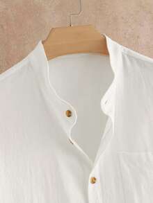 HIMLAND Men's Casual Notch Collar Short Sleeve Shirt And Drawstring Waist Long Pants Set, Spring/Summer/Autumn Multi-Piece Set  Daily Essential Wardrobe Staple Basic Style All-Match Style Go-To Piece Mix-And-Match Item Casual Versatile Style  Daily Essential Wardrobe Staple Basic Style All-Match Style Go-To Piece Mix-And-Match Item Casual Versatile Style  Beach Outfit  Summer Wardrobe Essentials Casual Outfit Ideas Laid-Back Look - White - View 4