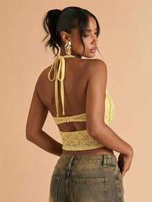 SHEIN BAE Women's Vacation Casual Sexy Plunging Neck Backless Lace Blouse - Yellow - View 2