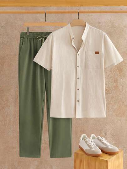 EASEVO Plus Size Men's Graphic Design Short Sleeve Shirt And Pants Casual Suit