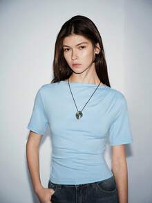 Lumivelle Women's Casual Blue Ruched Waist Short Sleeve T-Shirt Blue T Shirt Light Blue Tops T Shirt Woman Plain Tshirts Women Women's T-Shirt - Blue - View 3