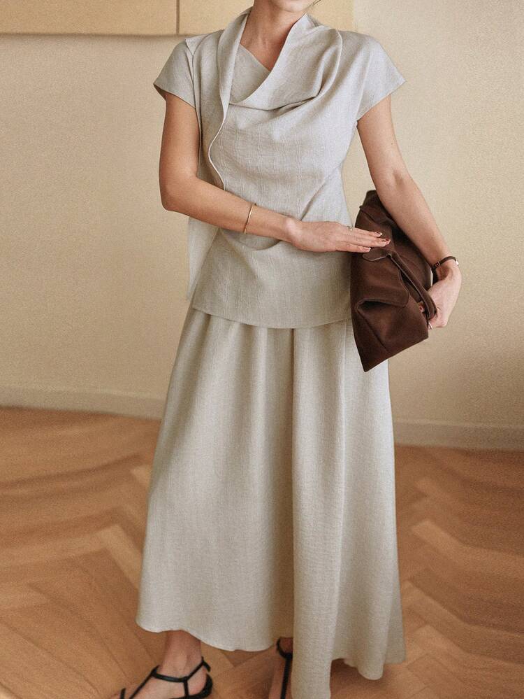 Women's Solid Color Cap Sleeve Shirt And Skirt Casual 2 Pieces Set Summer