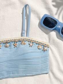 SHEIN Tween Girls' Summer Beach Vacation Shell & Starfish Woven Strap Bikini Set - Baby Blue - View 3