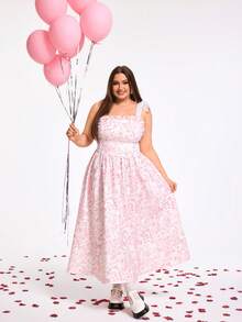 SHEIN CURVE+ Đầm dài in họa tiết thắt nơ dành cho nữ cỡ lớn CURVE PLUS /Ngày Valentine/Thích hợp mặc mùa xuân, đầm ngày Valentine, đầm tốt nghiệp, đầm thanh lịch cho nữ, đầm nghỉ xuân. - Nhiều màu - Xem 6