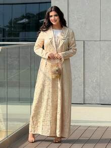 Yasmyna Damen Jacquard Einreihiger Lässig Everyday Abaya Robe mit langen Ärmeln - Aprikosenfarben - Übersicht 4