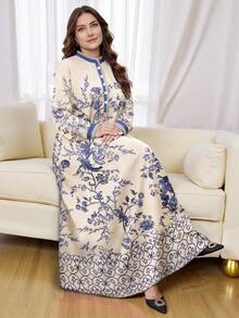 SHEIN Najma 大码女式复古花卉菱形格纹数码印花优雅长袖纽扣领连衣裙，春秋季 - 彩色 - 查看 1