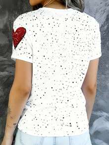 INAWLY 女士爱心印花短袖休闲百搭圆领T恤 - 彩色 - 查看 2