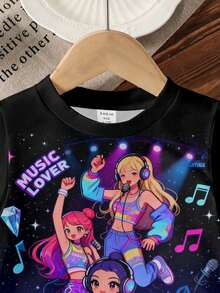 4-7 Years Old Girls Cartoon Short Sleeve T-Shirt | Printed Design, Colorful Girl Pattern Print, Suitable For Casual Streetwear Style, Ideal Children's Gift, Suitable For Outdoor Use, Knitted Fabric - Multicolor - View 4