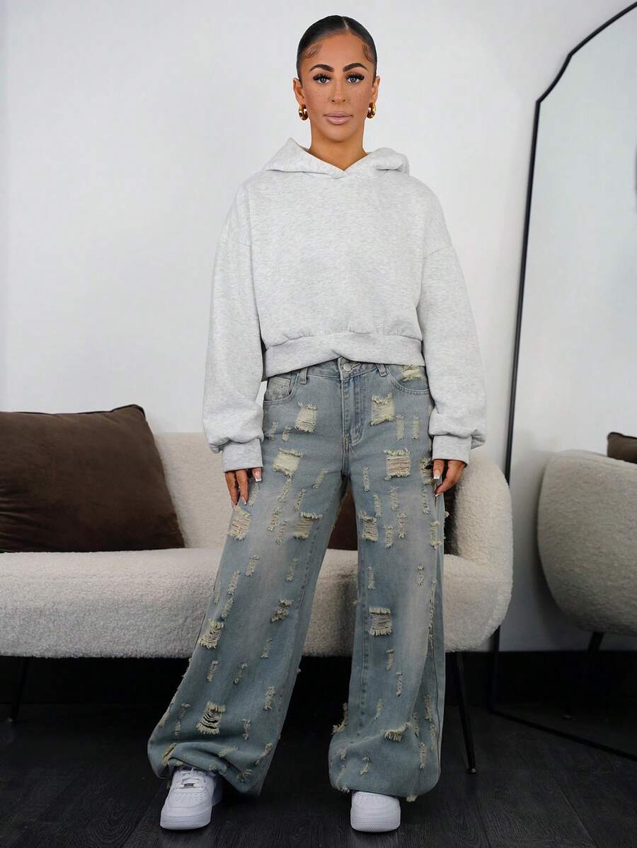 SAYEHFBABY Women's Casual Distressed Wide Leg Jeans - Blue - View 1