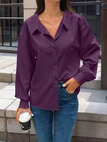EMERY ROSE Women's Casual Versatile Solid Color Long Sleeve Shirt - Purple - View 2