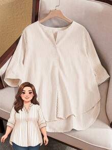 Rusticease Plus Size Women Striped V-Neck Loose Casual Shirt, Summer Tops - Yellow - View 1
