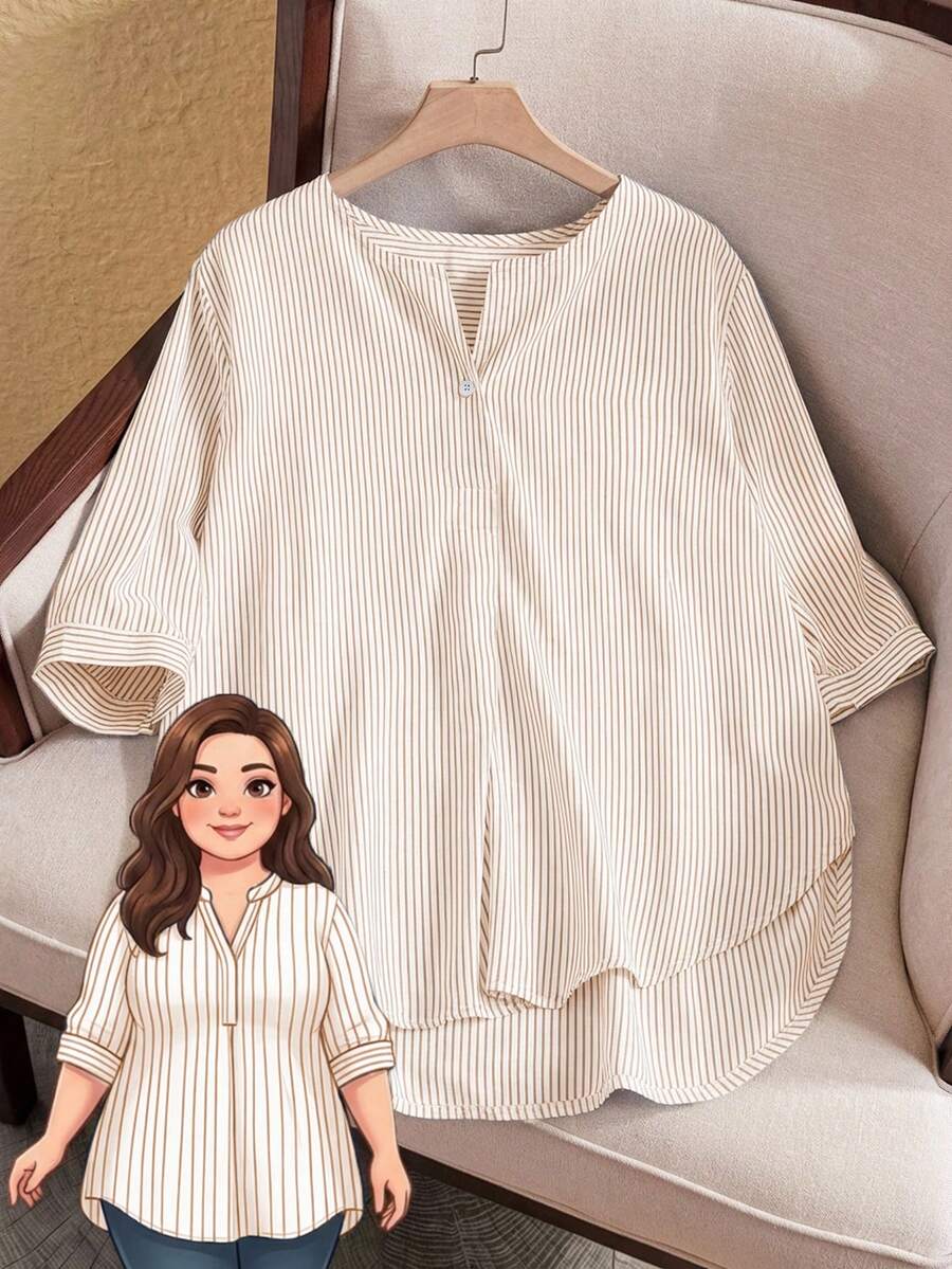 Rusticease Plus Size Women Striped V-Neck Loose Casual Shirt, Summer Tops - Yellow - View 1