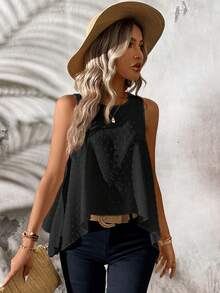 EMERY ROSE Áo tank top dáng chữ A màu trắng, cổ tròn, vạt bất đối xứng, kiểu dáng thường ngày, thích hợp cho mùa hè, giúp thon gọn vóc dáng. - màu đen - Xem 6