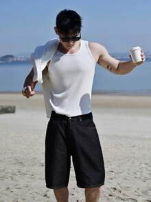 DAZY Pantalones cortos de mezclilla negros sólidos desgastados y desgastados para hombres, vacaciones de verano - Azul - Ver 4