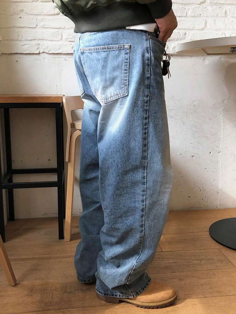 Men's Solid Blue Washed Vintage Style Jeans, Spring