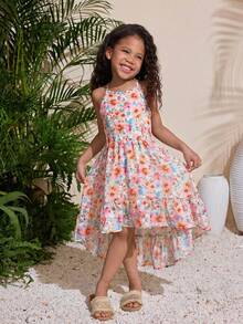 Young Girl Elegant Minimalist Halter Floral Print Sleeveless Dress - Baby Pink - View 3