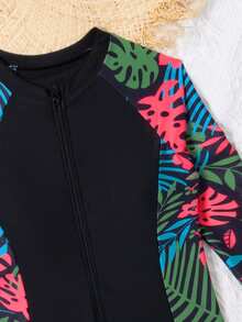SHEIN 少女数码热带植物印花拼接纯色拉链连体泳衣，时尚优雅休闲，适合度假、游泳、海滩、夏季穿着。 - 黑色 - 查看 3