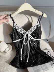 SHEIN Polka Dot Lace Patchwork Bow Tie Camisole - Black - View 5