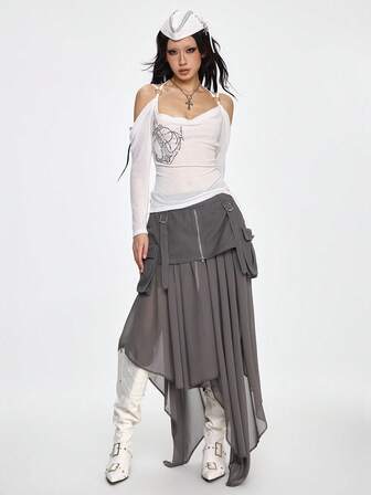 Grunge Punk Marine Punk Washed Metall Nieten Patchwork Chiffon asymmetrischer Saum Denim Mini Rock