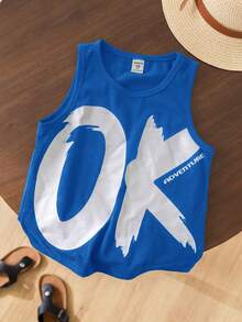 1件男童休闲宽松纯色英文图案无袖背心，适合日常穿着、上学、外出、运动、春夏穿着。