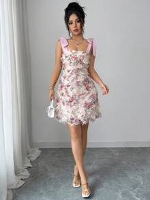 Elenzga Đầm in họa tiết hoa 3D kiểu Pháp cổ điển, thiết kế mới mùa xuân/hè, chất liệu satin, cổ vuông, thắt nơ, dáng chữ A ngắn, trẻ trung, thích hợp cho hẹn hò, thanh lịch, độc đáo và đẹp mắt dành cho nữ. - Nhiều màu - Xem 5