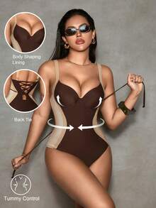 Shapewave Women's One-Piece Swimsuit, Color Block Design, Underwire Cups, Backless Tie Strap, Tummy Control, Suitable For Beach, Vacation In Summer - Multicolor - View 1