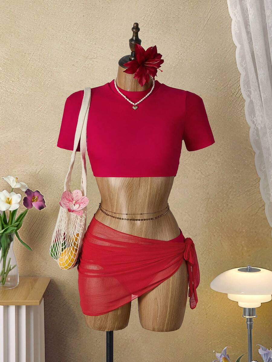 Bellisia 女士纯色圆领短袖上衣和三角裤吊带背心套装，配不对称下摆半身裙 - 紅色 - 查看 1