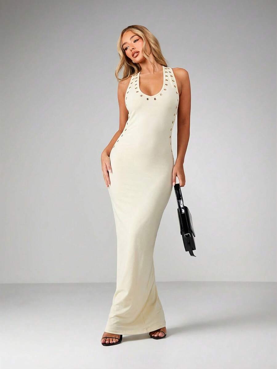 MISSGUIDED Sleeveless Scoop Neck Maxi Dress With Eyelet Studded Details Racerback Evening Formal Bodycon Floor Length Gown - Cream - View 1