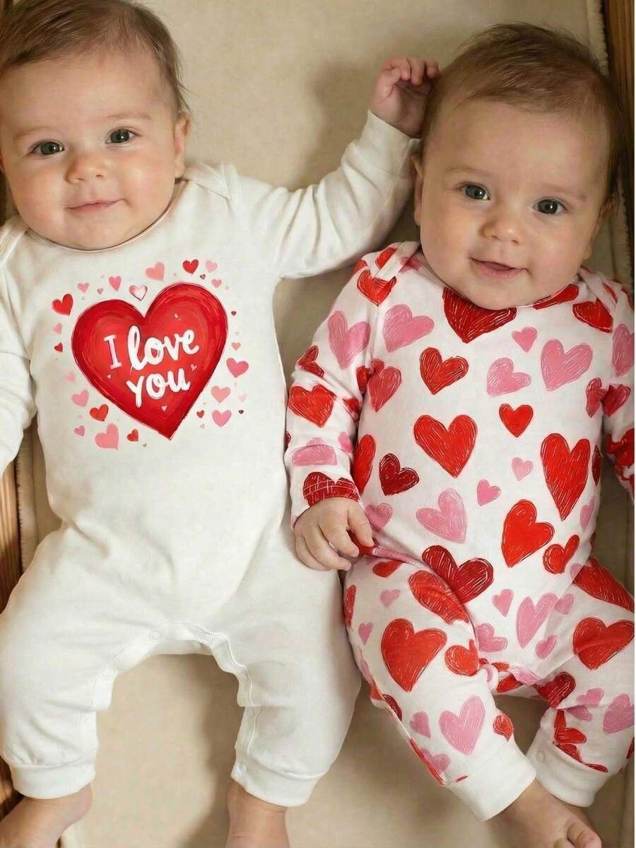 SHEIN Áo liền quần dài tay cổ tròn in hình trái tim cho bé gái - Nhiều màu - Xem 1