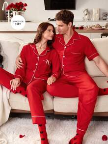 CoupledUp Contrast Trim Lapel Short Sleeve Pajama Set For Men - Red - View 7