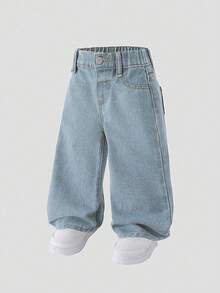 SHEIN Playful Pals Quần jean ống rộng cạp chun cho bé gái - Rửa nhẹ - Xem 3