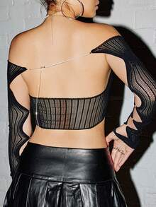 SHEIN ICON 1件镂空透视珍珠链装饰超短半袖Y2K黑色镂空透视性感网眼领口背心，春秋季