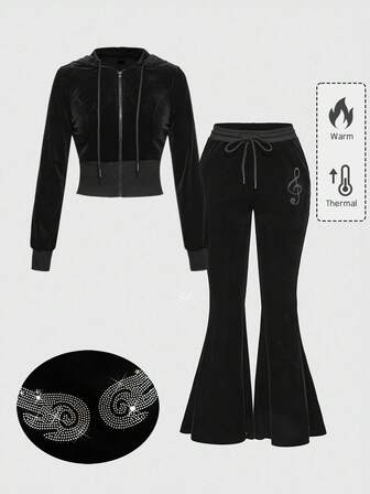 Grunge Punk Set di top con cappuccio e pantaloni a zampa in velluto sexy e vintage con chiusura lampo e coulisse per le donne