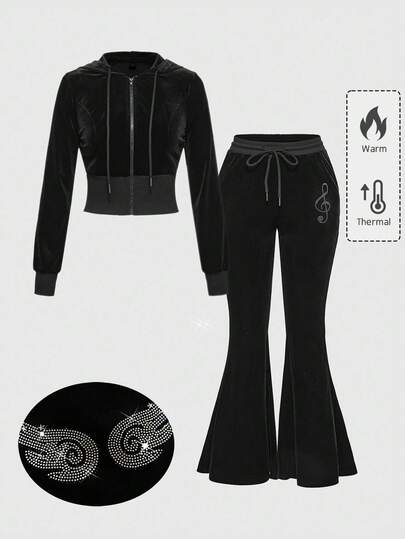 Grunge Punk Set di top con cappuccio e pantaloni a zampa in velluto sexy e vintage con chiusura lampo e coulisse per le donne