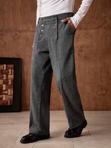 AKNOTIC Men's Wool Herringbone Pattern Wide Leg Pants,Light Grey Autumn Vintage Date High Waisted Button Placket Pocket Casual Baggy Dress Up Formal Pants - Black - View 7