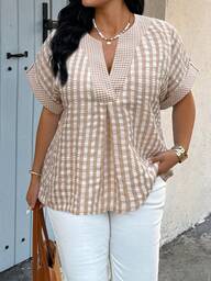 Louniche Damen Große Größen V-Ausschnitt Bluse aus strukturiertem Stoff mit Karomuster, Frühling/Sommer