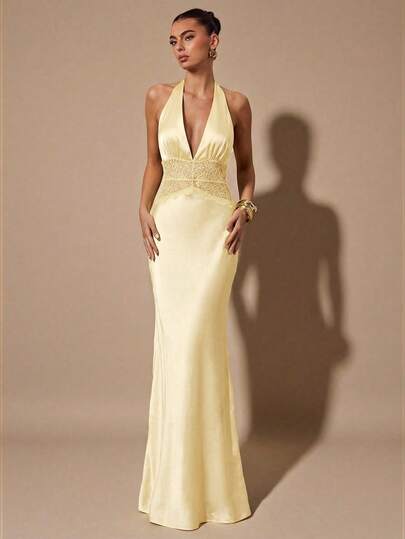 SHEIN BAE Black Sexy Deep V-Neck Lace Patchwork Fishtail Satin Dress, Suitable For Cocktail Party, Romantic Date, Gathering, Formal Event, Bridesmaid Dress, Evening Gown, Christmas, New Year, Valentine's Day, Tea Party, Black Dress, Little Black Dress