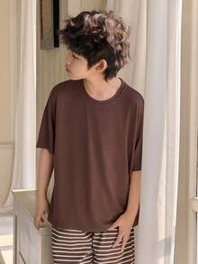 DAZY Tween Boys' Solid Color Casual Round Neck Short Sleeve Top And Striped Pants Pajama Set - Brown - View 5