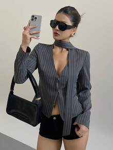 DAZY V-Neck Striped Waist Cinched Elegant Office Lady Shirt - Grey - View 4