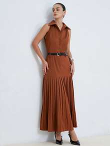 Aveloria Modichic Fashionable Design Sense Casual Pleated 2 In 1 Lapel Sleeveless Dress - Brown - View 7