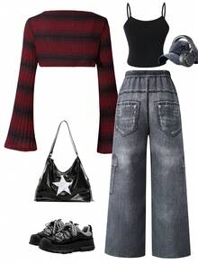 3pcs/Set Teenage Girls Ombre Striped Flare Sleeve Cover Up, Solid Color Camisole, And Distressed Star Print Wide Leg Jeans Pants, Retro Chic Street Style - Burgundy - View 2