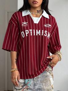 Coolane 女士春季音乐会锐舞节外出狂欢文艺复兴集市俱乐部派对时尚Y2K条纹图案T恤衫 - 酒紅色 - 查看 5