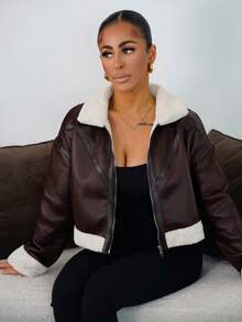 SAYEHFBABY Women's Zipper Closure Faux Fur Collar PU Leather Jacket, Long Sleeve, Autumn/Winter,Fall,Brown Jacket Casual - Coffee Brown - View 6