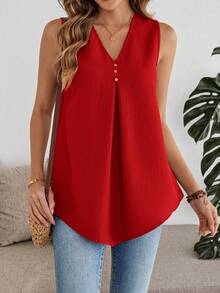 EMERY ROSE Camiseta sin mangas casual con cuello en V y pliegues de unicolor para mujer - Rojo - Ver 7