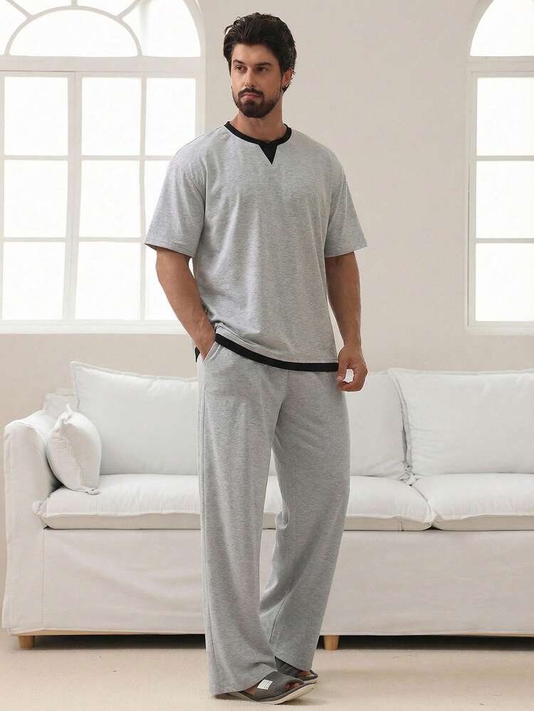 Men's Multi-Color Pajama Set With Long Pants And Short Sleeve, Spring/Summer