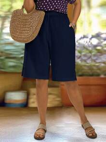 EMERY ROSE Damskie szorty casualowe w dużym rozmiarze do kolan, styl uliczny, miękkie i wygodne z kieszeniami, odpowiednie na co dzień, na festiwale muzyczne, wiosna/lato - Granatowy - Zobacz 3