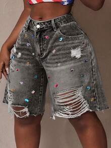 SHEIN CURVE+ Plus Size Casual Washed Distressed Rhinestone Decor Denim Shorts - Grey - View 7