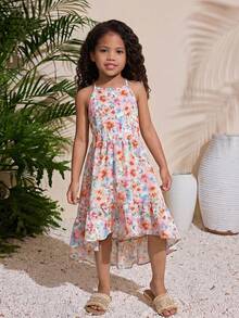 Young Girl Elegant Minimalist Halter Floral Print Sleeveless Dress - Baby Pink - View 4